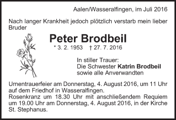 Traueranzeige von Peter Brodbeil von Schwäbische Post