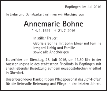 Traueranzeige von Annemarie Bohne von Schwäbische Post