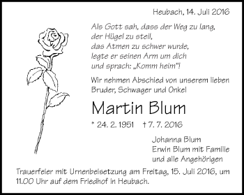 Traueranzeige von Martin Blum von Schwäbische Post
