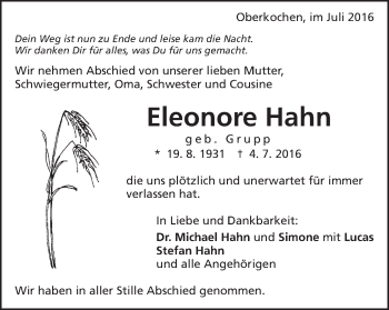 Traueranzeige von Eleonore Hahn von Schwäbische Post