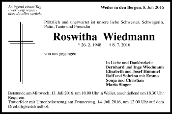 Traueranzeige von Roswitha Wiedmann von Gmünder Tagespost