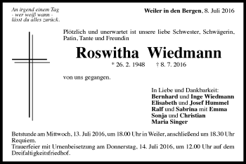 Traueranzeige von Roswitha Wiedmann