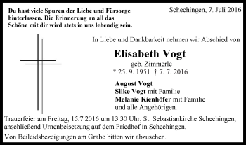 Traueranzeige von Elisabeth Vogt von Gmünder Tagespost
