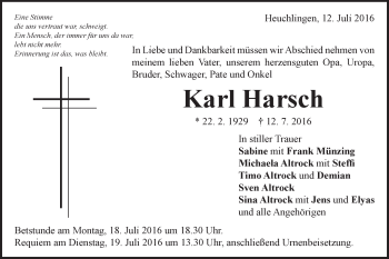 Traueranzeige von Karl Harsch  von Gmünder Tagespost