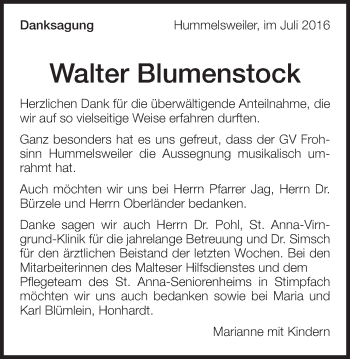 Traueranzeige von Walter Blumenstock von Schwäbische Post