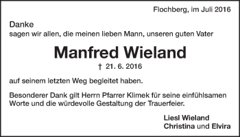 Traueranzeige von Manfred Wieland von Bopfinger Stadtanzeiger