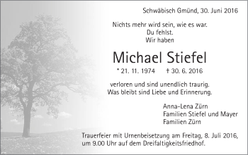 Traueranzeige von Michael Stiefel von Gmünder Tagespost
