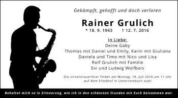 Traueranzeige von Rainer Grulich von Schwäbische Post