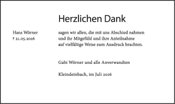 Traueranzeige von Hans Wörner von Gmünder Tagespost