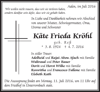Traueranzeige von Käte Frieda Kröhl von Schwäbische Post