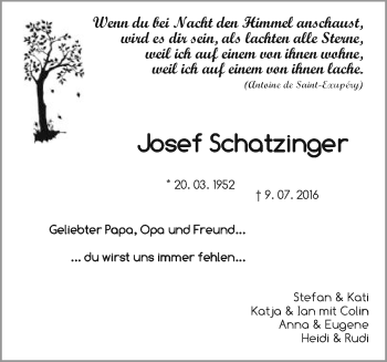 Traueranzeige von Josef Schatzinger von Schwäbische Post