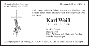 Traueranzeige von Karl Weiß von Schwäbische Post