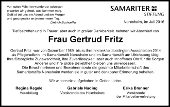 Traueranzeige von Gertrud Fritz von Schwäbische Post