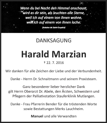 Traueranzeige von Harald Marzian von Schwäbische Post
