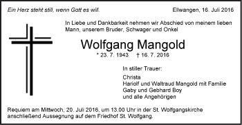 Traueranzeige von Wolfgang Mangold von Schwäbische Post
