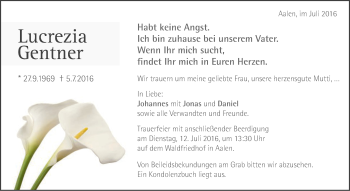 Traueranzeige von Lucrezia Gentner von Schwäbische Post