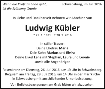 Traueranzeige von Ludwig Kübler von Schwäbische Post