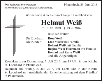 Traueranzeige von Helmut Weiß von Schwäbische Post