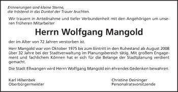 Traueranzeige von Wolfgang Mangold von Schwäbische Post