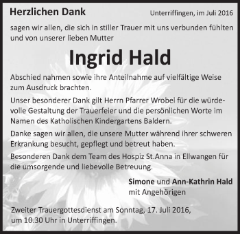 Traueranzeige von Ingrid Hald von Schwäbische Post