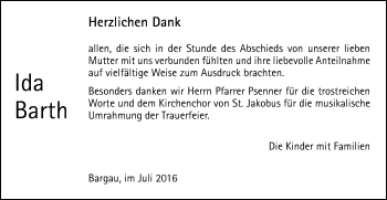 Traueranzeige von Ida Barth von Gmünder Tagespost