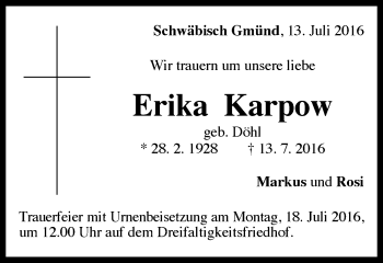 Traueranzeige von Erika Karpow von Gmünder Tagespost