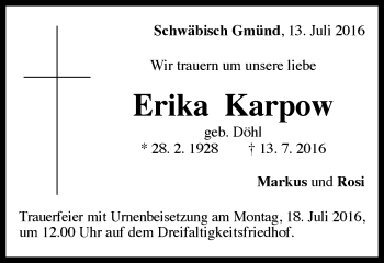 Traueranzeige von Erika Karpow