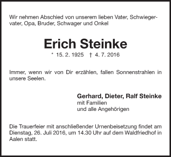 Traueranzeige von Erich Steinke von Schwäbische Post