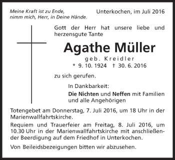 Traueranzeige von Agathe Müller von Schwäbische Post