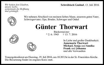 Traueranzeige von Günter Thorwart von OstalbTrauer