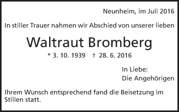 Traueranzeige von Waltraud Bromberg von Schwäbische Post
