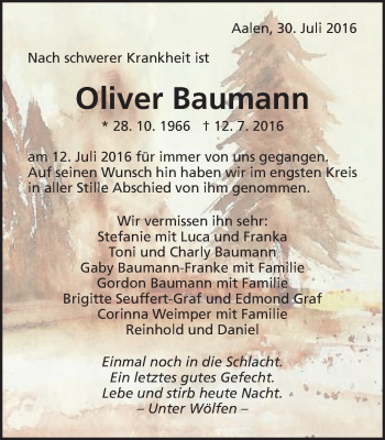 Traueranzeige von Oliver Baumann von Schwäbische Post