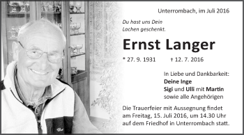 Traueranzeige von Ernst Langer von Schwäbische Post