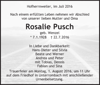 Traueranzeige von Rosalie Pusch von Schwäbische Post