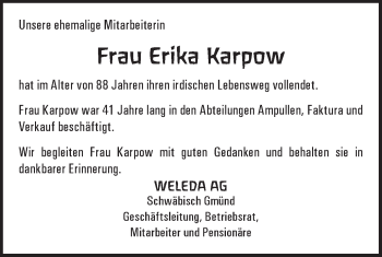 Traueranzeige von Erika Karpow von Gmünder Tagespost