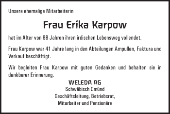 Traueranzeige von Erika Karpow