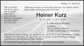 Traueranzeige von Heiner Kurz von Schwäbische Post