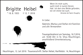 Traueranzeige von Brigitte Heibel von Gmünder Tagespost