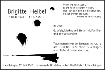 Traueranzeige von Brigitte Heibel