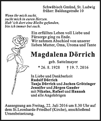 Traueranzeige von Magdalena Dörrich von Gmünder Tagespost