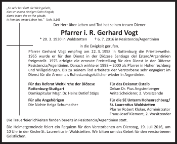 Traueranzeige von Gerhard Vogt von Gmünder Tagespost