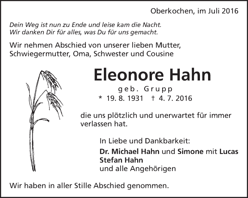  Traueranzeige für Eleonore Hahn vom 11.07.2016 aus Schwäbische Post