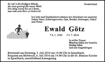Traueranzeige von Ewald Götz  von Gmünder Tagespost