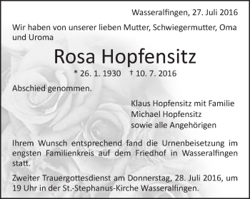 Traueranzeige von Rosa Hopfensitz von Schwäbische Post