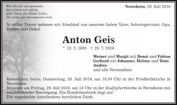 Traueranzeige von Anton Geis von Schwäbische Post