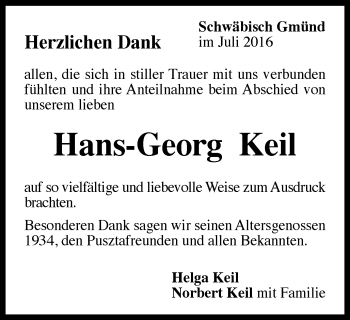 Traueranzeige von Hans-Georg Keil von Gmünder Tagespost