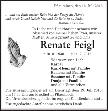 Traueranzeige von Renate Feigl von OstalbTrauer
