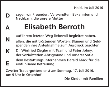 Traueranzeige von Elisabeth Berroth von Schwäbische Post