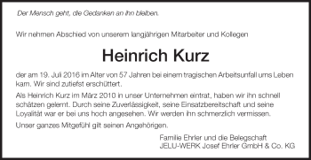 Traueranzeige von Heinrich Kurz von Schwäbische Post