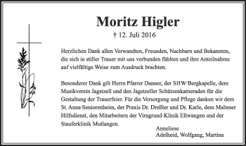 Traueranzeige von Moritz Higler von Schwäbische Post